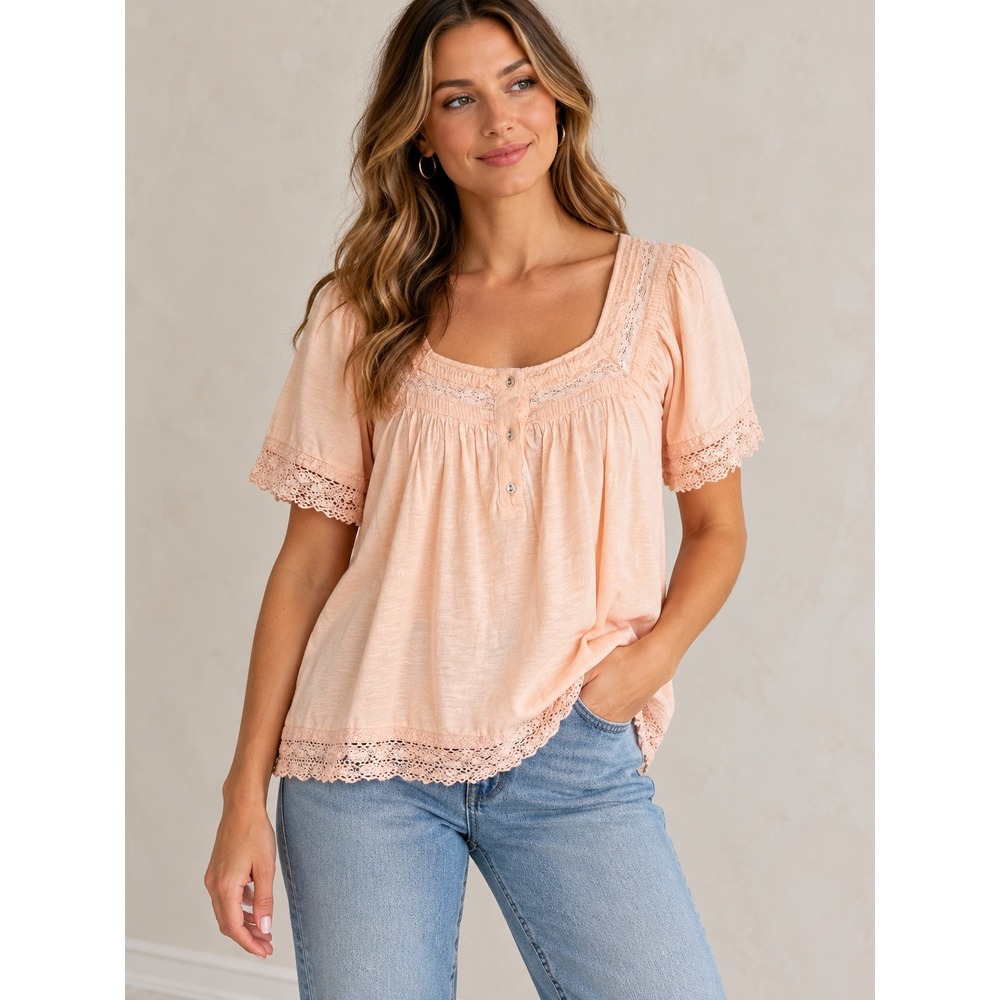Anthropologie Lace Trim Peasant Blouse Peach Pink Boho Top Medium